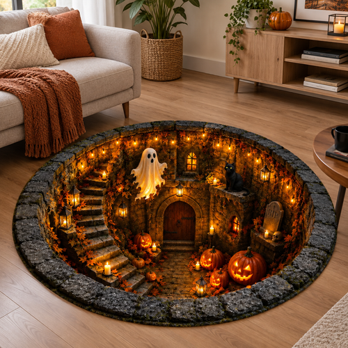 Halloween Pumpkin Skeleton Round Quilted Rug, 3D Hole Illusion Floor ...