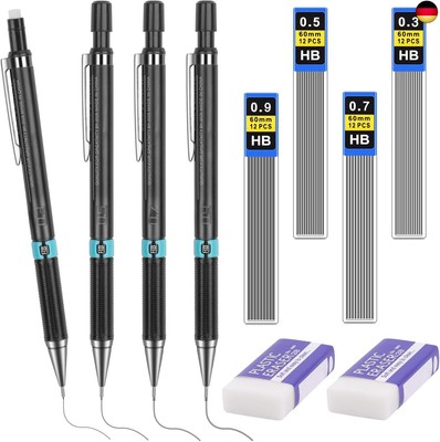 Tikplus Druckbleistift 0,3/0,5/0,7/0.9 mm, 4 Tuben (48 Stück) Bleistiftmine HB 