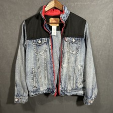 Levi  s Boys Large 12-13 Denim Trucker Jacket Full Zip Hybrid Black Blue Red Trim