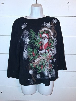 Jess & Jane Christmas Shirt Womens XL Black Cotton Santa Rhinestone USA
