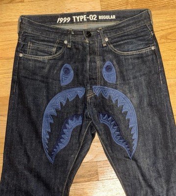 A Bathing Ape Bape Denim Jeans Pants Shark Embroidered Men s Size Small [S]
