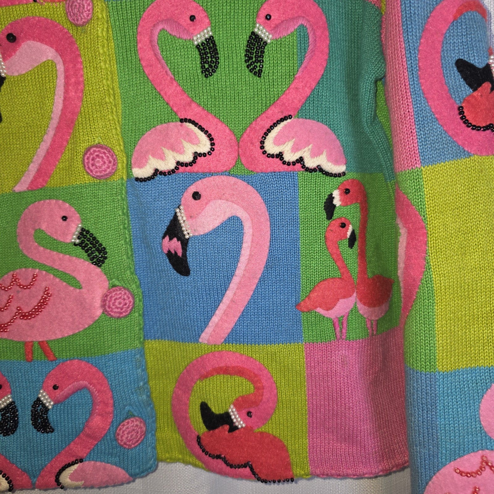 Vtg Michael Simon Flamingo Patchwork Cardigan Swe… - image 4