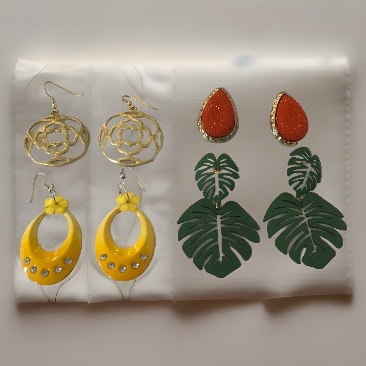 Lot Four Sets Statement Dangle Earrings Gold Tone… - image 2
