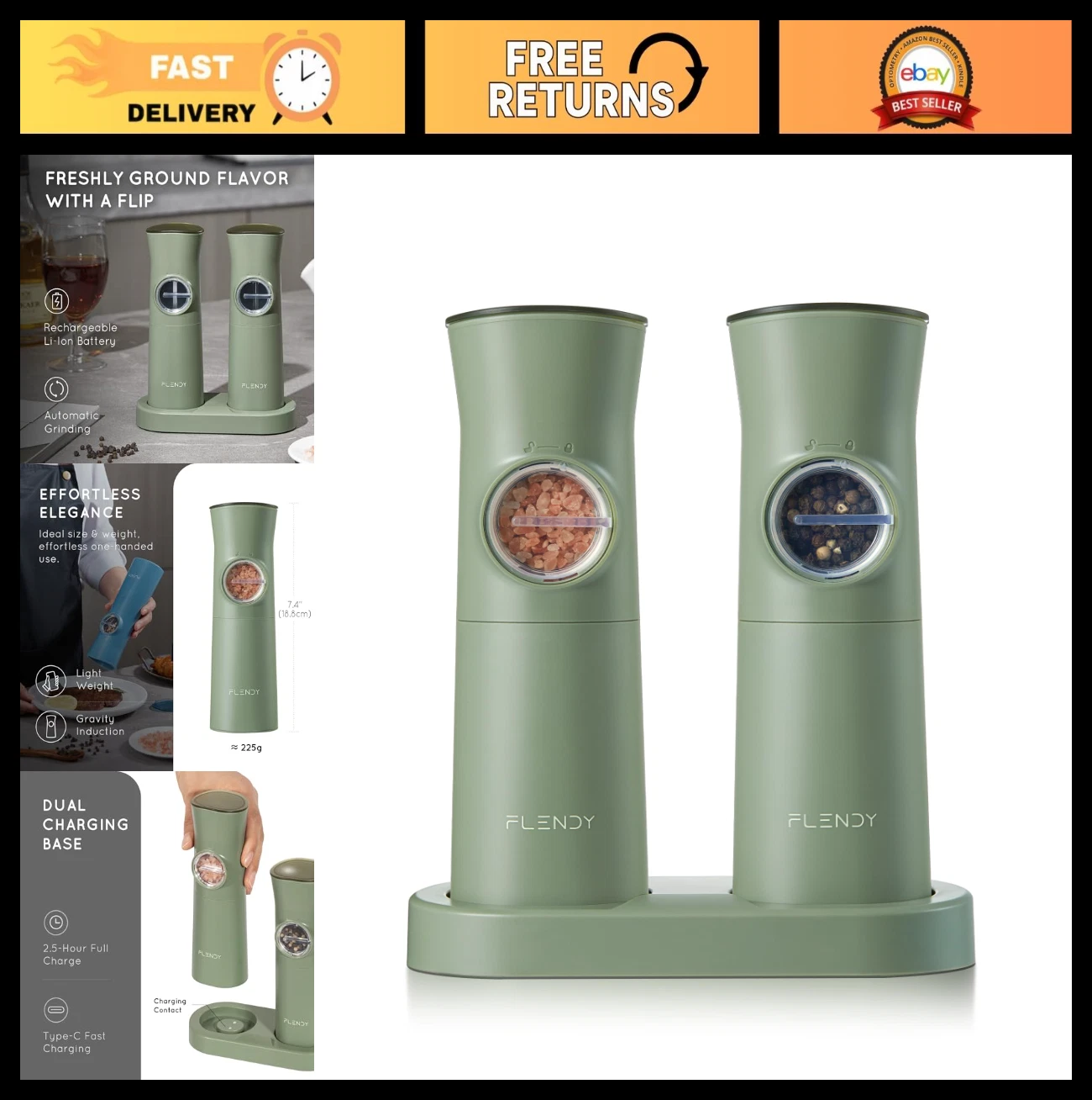 Rechargeable Electric Salt & Pepper Grinder Set - Automatic, USB-C Charging, Gra
