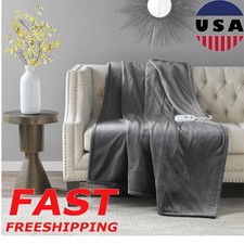 Plush Heated Throw 3-hr Auto Shutoff Timer Machine Washable Polyester Dark Grey