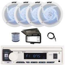 Pyle PLMRB29W2 Marine Receiver, 4x 5.25" 180W Blue LED Speakers, Radio Cover