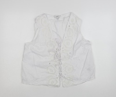 Marks and Spencer ärmelloses Damen-T-Shirt weiß Leinenmischung bestickt vorne zum Binden