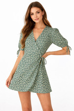 Reformation Green Floral Wrap Mini Dress Size Small Tie Sleeve V-Neck