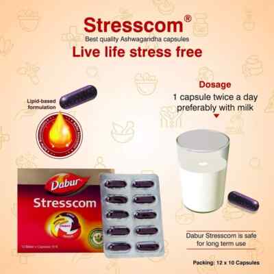 Dabur Stresscom Ashwagandha 120 Capsules Withania Somnifera Extract