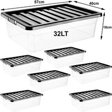 32L UNDERBED STORAGE BOXES STRONG DURABLE BOX BLACK LID HOME OFFICE PLASTIC UK