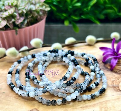 Wholesale Lot 6 Pcs Natural Tourmalinated Quartz 4mm 7.5  Stretch Bracelet
