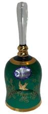 Vintage Ofnah Crystal Czech Republic Green Bell Birds Gold Bohemian Art
