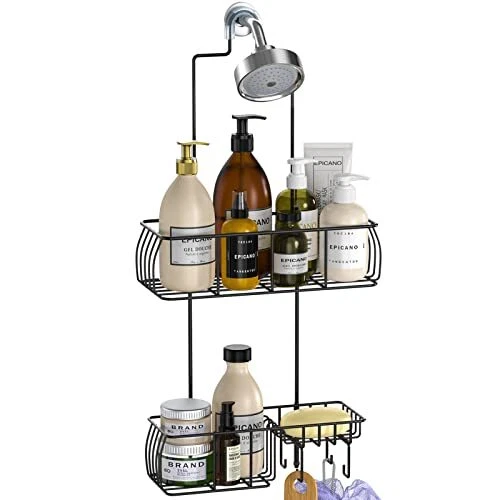 Shower Caddy Hanging, Anti-Swing Over Head Shower Caddy Rustproof Matte Black