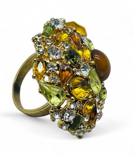 Retro Oversize Yellow Glass Rhinestone Gold Plated Ring Sz 7.25 Glam Blingy - Picture 2 of 7