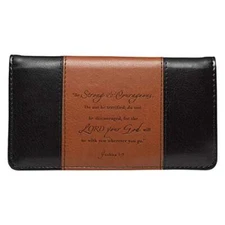 Checkbook Cover for Women & Men 'Strong & Courageous' Christian Black and Tan...