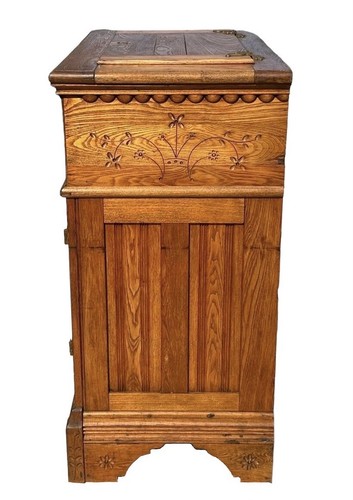 VICTORIAN OAK FLORAL CARVED ICE CHEST WITH ZINC LINING & PHOENIX HEAD HARDWARE - Picture 10 of 16