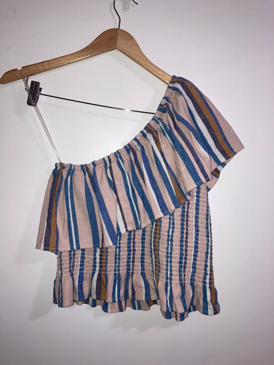 American Eagle One Shoulder Ruffle Smocked Blue Pink Striped Top