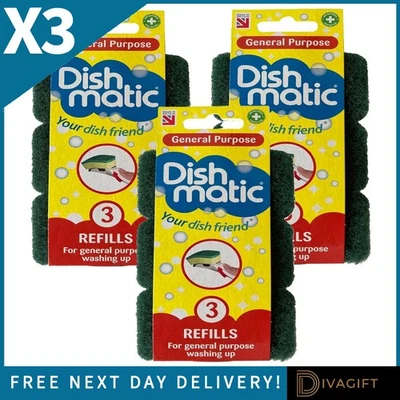 GENERAL 3 x HEAVY DUTY DISHMATIC REFILL SPONGES 3PK WASHING UP SCOURER REPLACEMENT HEAD