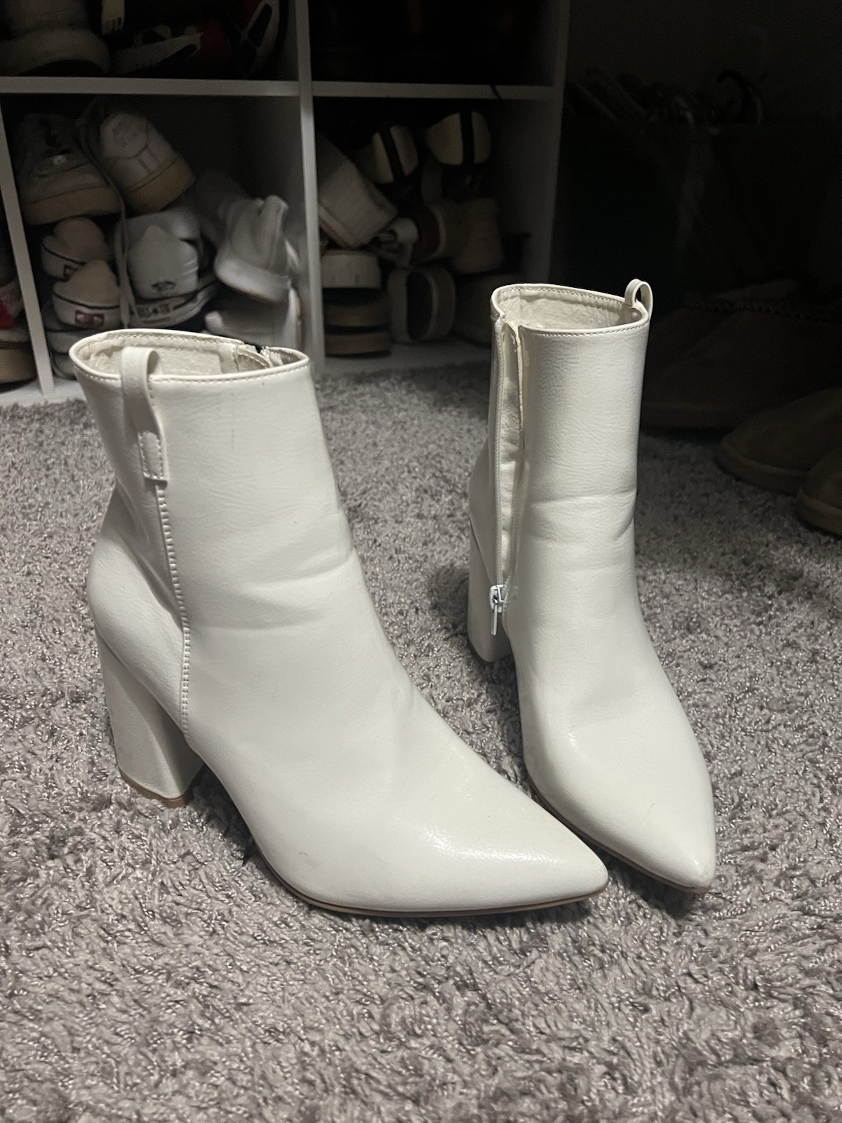 White Faux Leather Ankle Boots with Side Zipper