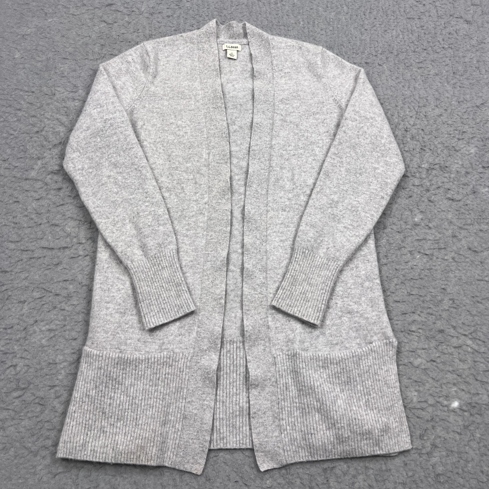 LL Bean Cardigan Womens Small Gray 100% Cashmere Open Front Pockets Knit Sweater