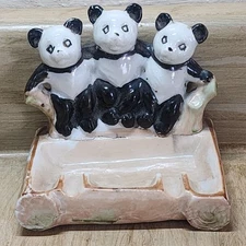 Vintage Japan Ceramic Trinket Dish Adorable Panda Bear Trio See Pictures
