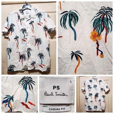 Paul Smith Shirt Men Large White Blue Tropical Palm Graphic Casual Hawaiian Loop