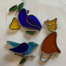 Leaded Stained Glass Window Sun Catcher blue birds  Cat lot of 3