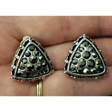 Silver Tone Triangular Shaped Clip On Earrings With Metallic Rhinestone Accents