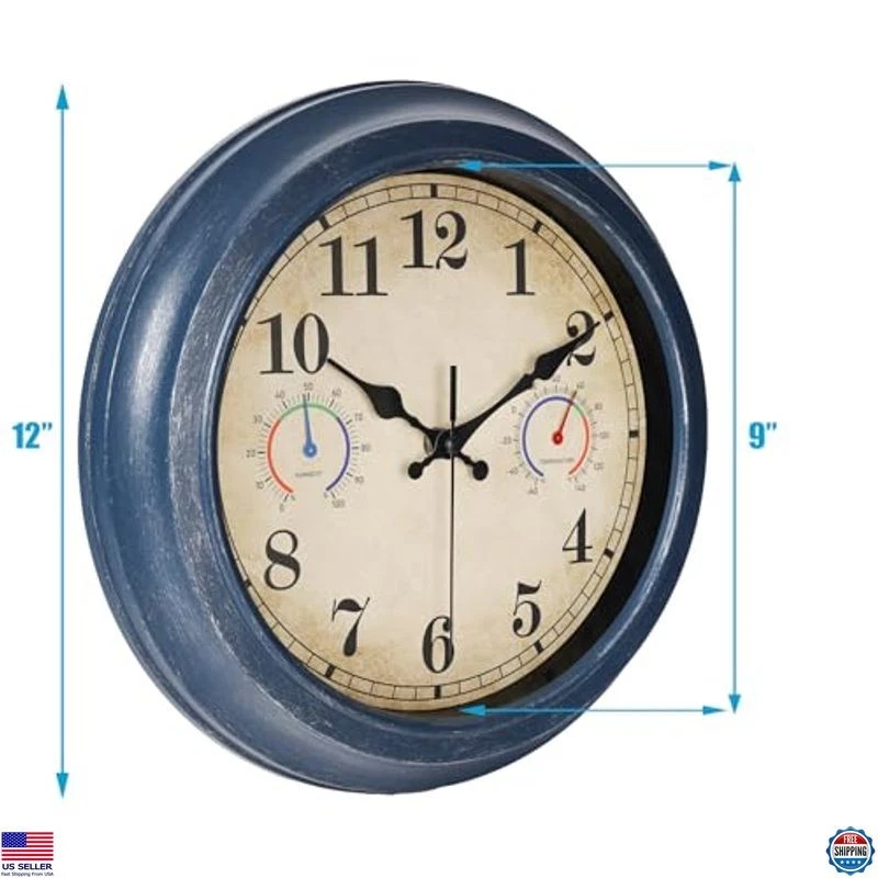 12" Waterproof Outdoor Clock with Thermometer & Hygrometer - Stylish Blue Design Foto 3 de 4