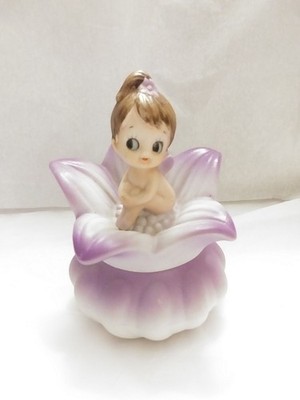 Vintage PURPLE FAIRY Flower PIXIE TRINKET BOX Bowl Lidded LEGO CERAMIC Kitschy