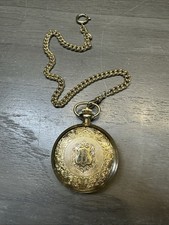 Arnex Swiss Made Quartz Pocket Watch Gold Tone Hunter Case Chain Runs Vintage
