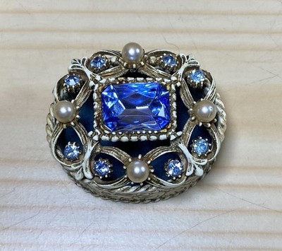 Florenza Vintage Blue Rhinestone Vanity Trinket Jewelry Box Faux Pearl 2 x 1.5 