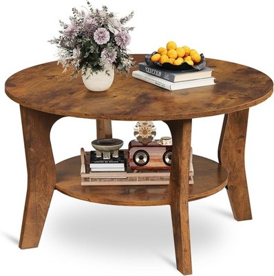 Round Coffee Table 2-Tier Small Coffee Table W/ Storage Shelf Circle Wood Center