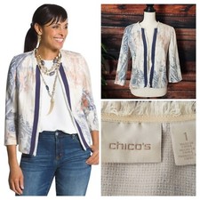 Chicos Cardigan Jacket Size 1 US 8 Textured Open Watercolor Print Paisley Fringe