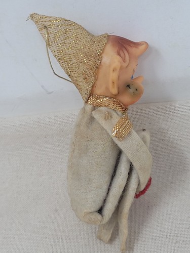 Vintage Christmas elf knee hugger rubber face gold Japan Ornament 3.5" - Picture 9 of 13