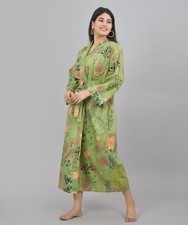 Green Floral Print Cotton Kimono Robe Dressing Gown, Block Print Bridesmaid Robe