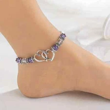 Purple Faux Crystal Beaded Double Hollow Out Love Heart Shape Anklet Bracelet