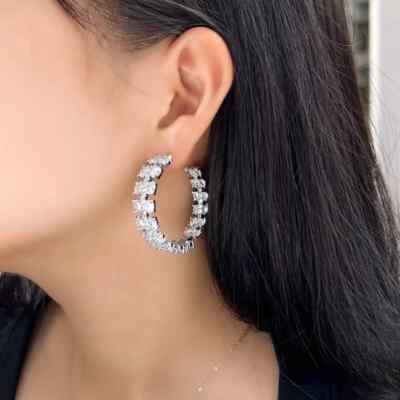 4Ct Simulated Diamond 14K White Gold Plated .925 Silver C Shape Hoop Earrings