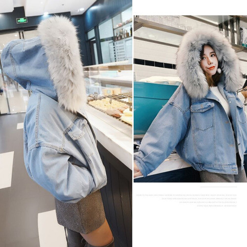 2020 Neu Winter Dicke Jeansjacke Kunstfellkragen Damen Fleece Kapuze Damen - Bild 9 von 12