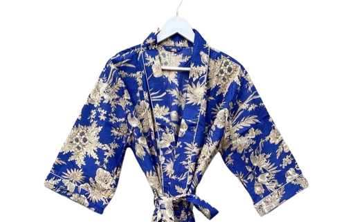 Caftan Indien En Coton 100% Main - Imprimé Feuilles Et Fleurs - Robe Plage Et Maison