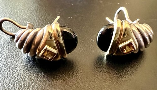 David Yurman Renaissance Shrimp Earrings 925/14k Black Onyx Omega Post - Picture 2 of 9