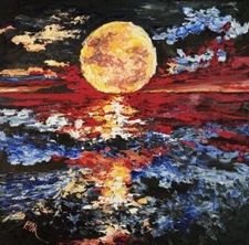 Moon Night Original Landscape Art Palette Knife Oil Painting Impasto Seascape