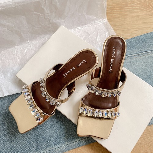 Luxury Rhinestone Decor Womens One Strap Slingback Sandals Slippers Square Toe