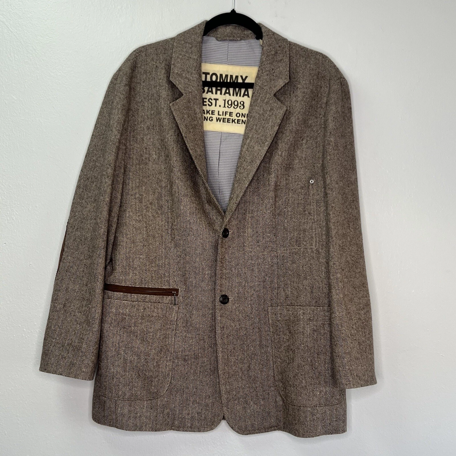 Tommy Bahama L Brown Wool Blend Herringbone Tweed Blazer Elbow Patches 2 Button