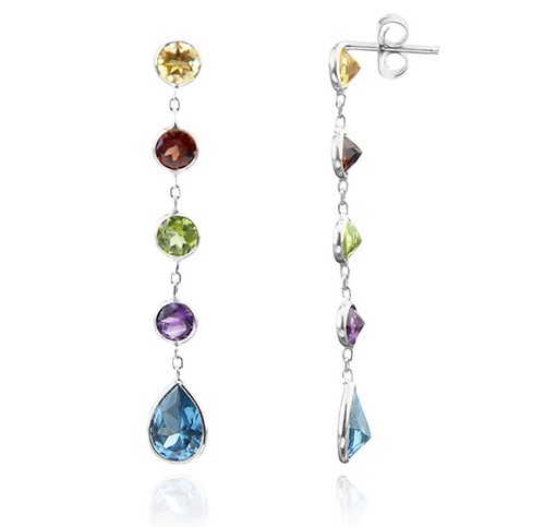 14K White Gold Earrings With Multi-Colored Gemstones - Picture 2 of 3