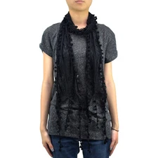 Lace Scarf Long Furball Fringe Embroidery Sewing Floral Tassel Sheer Solid Color