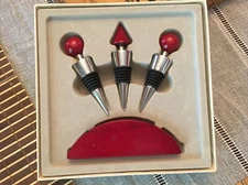 New 3-Pack Of Wine Stoppers Metal Red Wood Base Holder in original box
