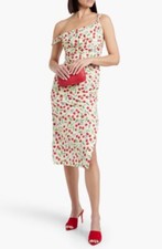 Carolina Herrera Cherry Print Off Shoulder Midi Dress 6 S Drape Designer $1900