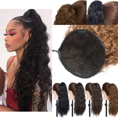 UK Real Long Clip In Ponytail Hair Extensions Drawstring Pony Tail as Human Wavy