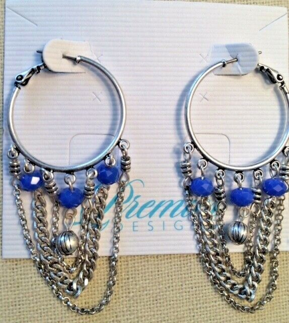 Premier Designs Jewelry Jess Pierced Earrings Silver Hoops w Blue Beads